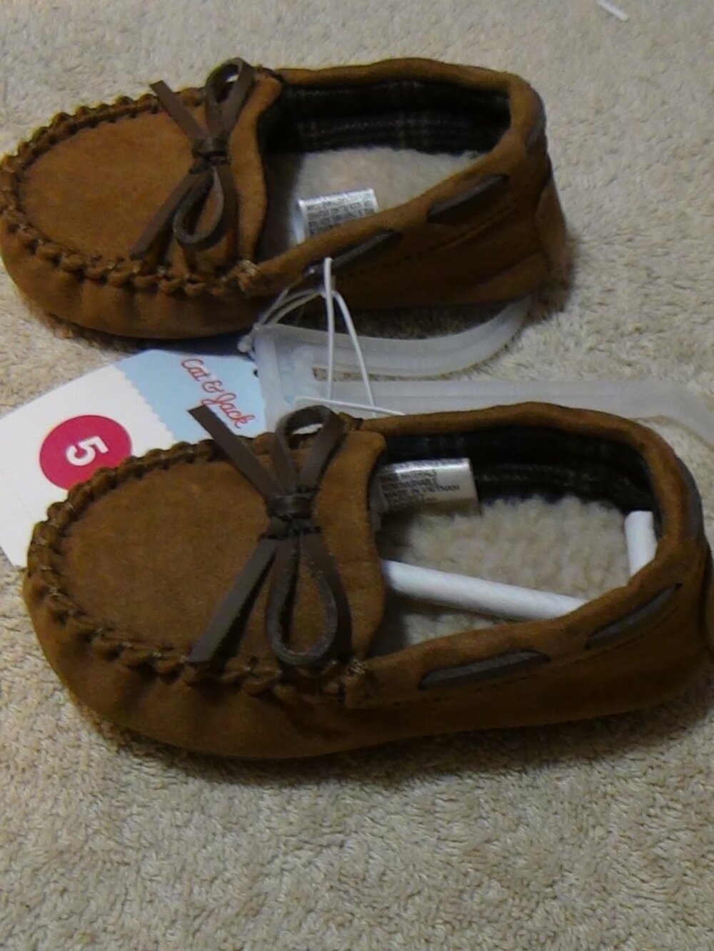 Cat & Jack Toddler Brown Faux Suede Moccasin Slippers Faux Fur Lined Size 5